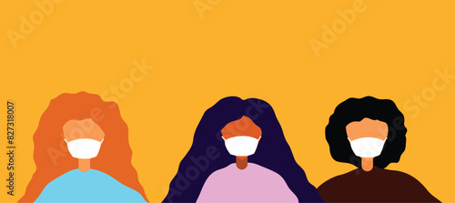 Group of Women in Masks Hand Drawn Flat. Diseases and pandemic concept vector