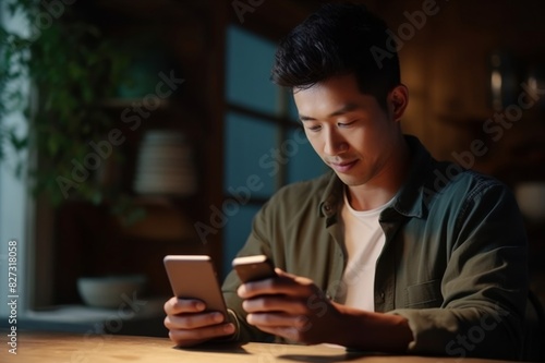 Young Asian man managing online banking with mobile app on smartphone, taking care of his money and finances while relaxing at home. Banking with technology