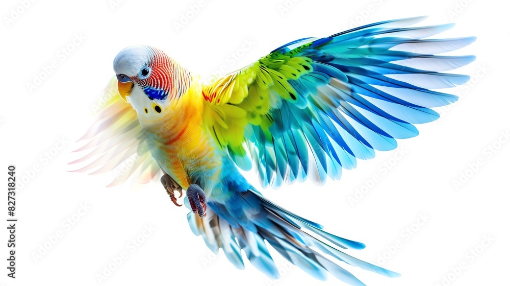 Fototapeta premium floating budgie, isolated on white background, close up, dazzling colors, Double exposure silhouette with aviary