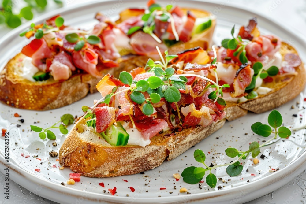 Close-up with Bruschetta with baguette, bacon or meat, cream cheese, micro-greenery, fresh cucumber and sprouts, on white plate on white textured background. Antipasto - generative ai Close-up with Bruschetta with baguette, bacon or meat, cream cheese, micro-greenery, fresh cucumber and sprouts, on white plate on white textured background. Antipasto - generative ai