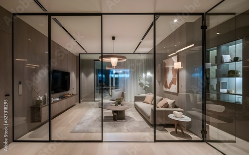  A modern living room with glass walls and a television.
