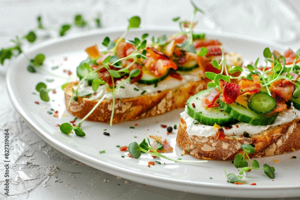 Close-up with Bruschetta with baguette, bacon or meat, cream cheese, micro-greenery, fresh cucumber and sprouts, on white plate on white textured background. Antipasto - generative ai Close-up with Bruschetta with baguette, bacon or meat, cream cheese, micro-greenery, fresh cucumber and sprouts, on white plate on white textured background. Antipasto - generative ai