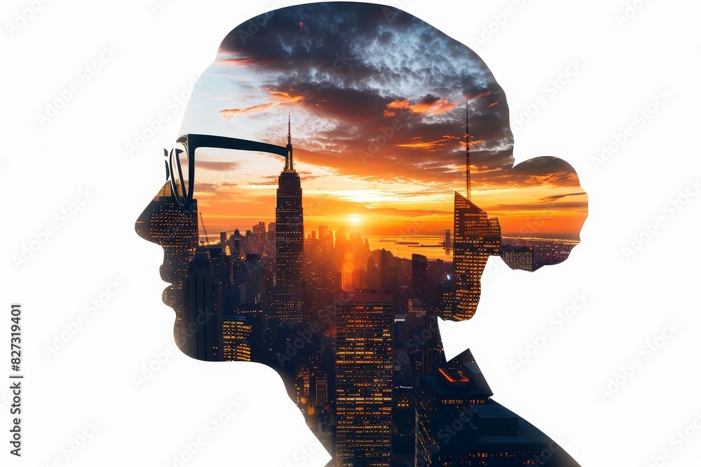 Businessman and skyscrapers  double exposure photo collage with vibrant graphic elements