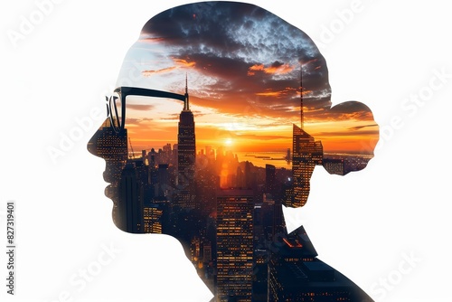 Businessman and skyscrapers double exposure photo collage with vibrant graphic elements