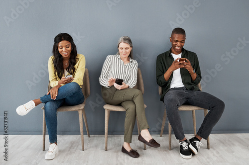 Cellphone, networking and business people waiting in office for interview, meeting or recruitment. Technology, line and professional copywriting candidates for job onboarding with phone in workplace.