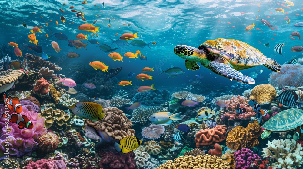 Fototapeta premium Colorful fish swim among vibrant coral reefs as a turtle glides gracefully, creating a breathtaking scene.