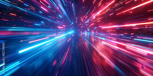 Futuristic data stream with vibrant blue and red light trails in a digital matrix environment. Vivid light trails in a digital cyber grid with glowing blue and red hues creating a dynamic visual effe 
