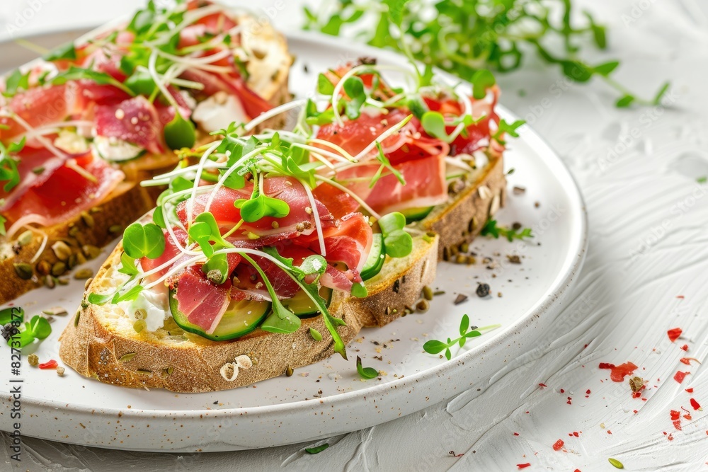 Close-up with Bruschetta with baguette, bacon or meat, cream cheese, micro-greenery, fresh cucumber and sprouts, on white plate on white textured background. Antipasto - generative ai Close-up with Bruschetta with baguette, bacon or meat, cream cheese, micro-greenery, fresh cucumber and sprouts, on white plate on white textured background. Antipasto - generative ai