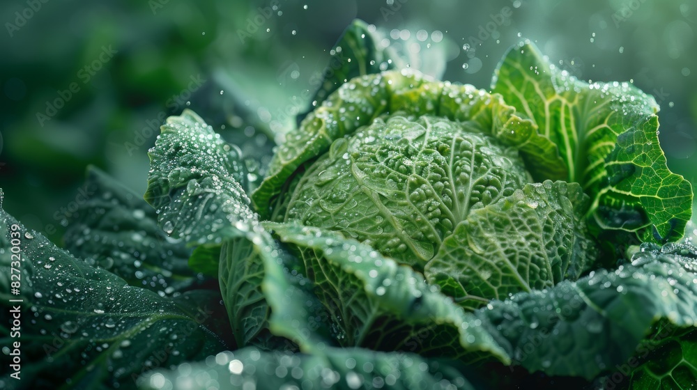 Exquisite detail of a cabbage head with sparkling water droplets in a natural green setting captures the essence of freshness and health. Generative Ai Exquisite detail of a cabbage head with sparkling water droplets in a natural green setting captures the essence of freshness and health. Generative Ai