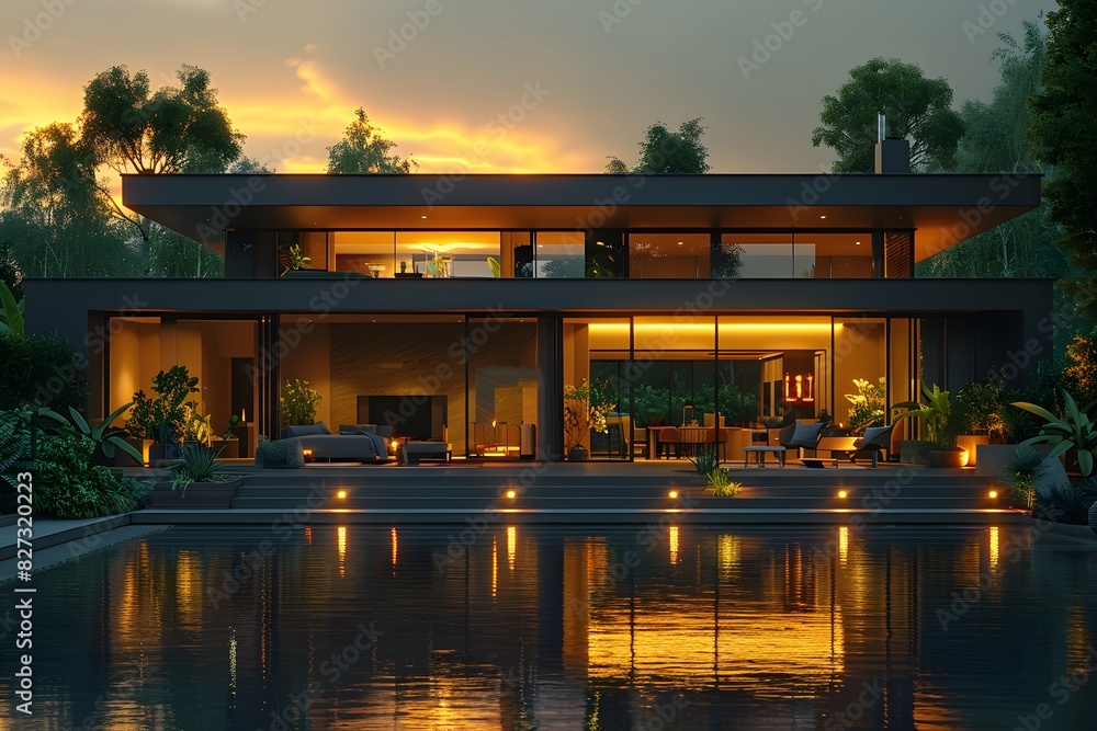 Modern Luxury House with Pool at Sunset - Contemporary Exterior Design for Real Estate Modern Luxury House with Pool at Sunset - Contemporary Exterior Design for Real Estate
