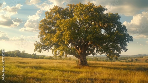 Majestic oak tree standing tall in a meadow. Rustling leaves in the wind.