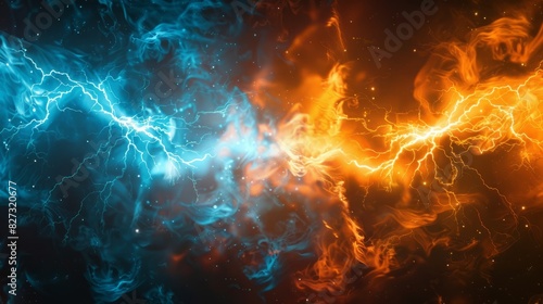 Vibrant contrast of hot orange and cold blue electrical lightning bolts in dynamic energy background