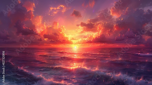 sunset overtranquil ocean, where the sky is painted in soft fluffy hues of orange and purple