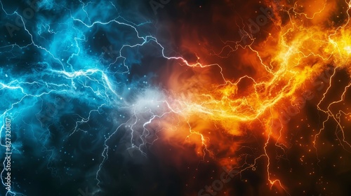 Vibrant contrast of hot orange and cold blue electrical lightning bolts in dynamic energy background