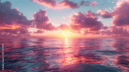 sunset overtranquil ocean, where the sky and water blend in soft fluffy hues of pastel orange and pink
