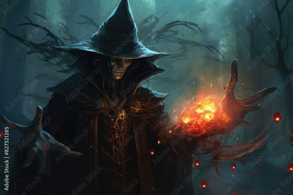 evil sorcerer casting a spell to release the black insects from his ...