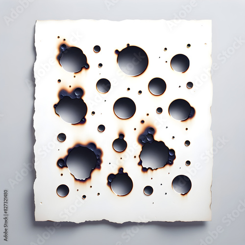 Abstract Burnt Paper Art: White Sheet with Organic Circular Holes and Charred Edges on Light Gray Background, Featuring Gradient Burn Marks Enhancing Visual Contrast and Textural Details for Artistic