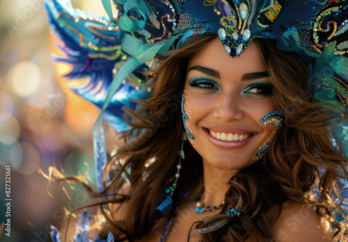 A beautiful woman with long, wavy hair and big brown eyes is smiling while wearing an elaborate blue costume at the carnival parade