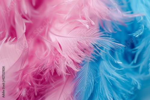 Intricate close up of vibrant pink and blue feathers displaying exquisite patterns and textures