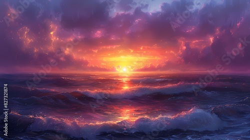 sunset overtranquil ocean  where the sky is painted in soft fluffy hues of orange and purple