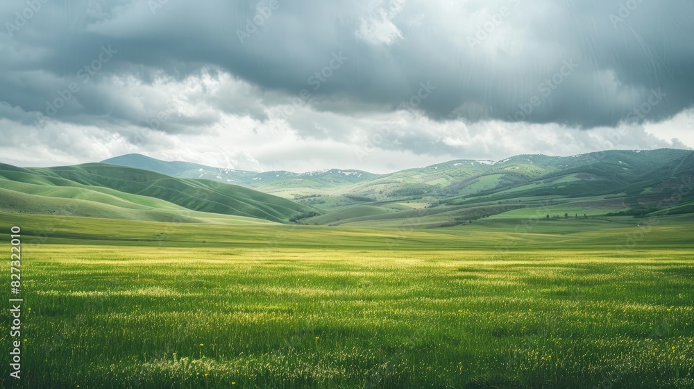 Green grass blankets the foothills under cloudy skies Green grass blankets the foothills under cloudy skies