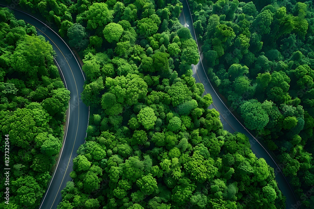 Aerial View of Winding Mountain Road Through Lush Green Forest for Nature, Adventure, and Travel Concepts
