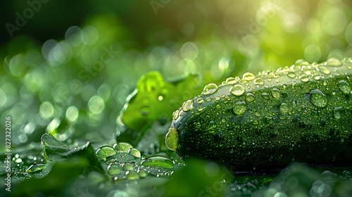 Dramatic close-up of a glistening cucumber surrounded by vibrant green leaves  capturing the essence of fresh garden produce. Generative Ai