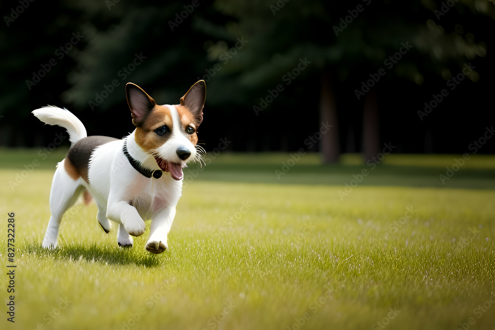Happy active jack russel pet dog puppy running in the grass in summer, web banner with copy space