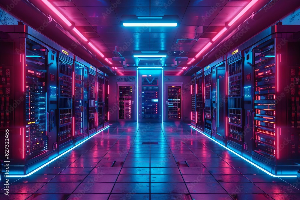 A futuristic data center with neon lights A futuristic data center with neon lights