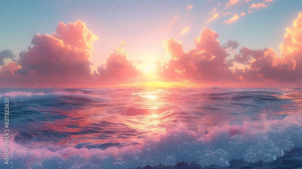 sunset overtranquil ocean, where the sky and water blend in soft fluffy hues of pastel orange and pink