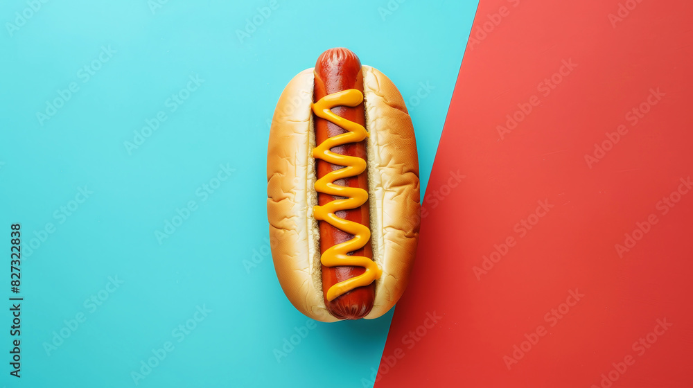 Delicious aesthetic hot dog in bun with mustard, copy space. Split blue and red background. Street food. Generative AI Delicious aesthetic hot dog in bun with mustard, copy space. Split blue and red background. Street food. Generative AI