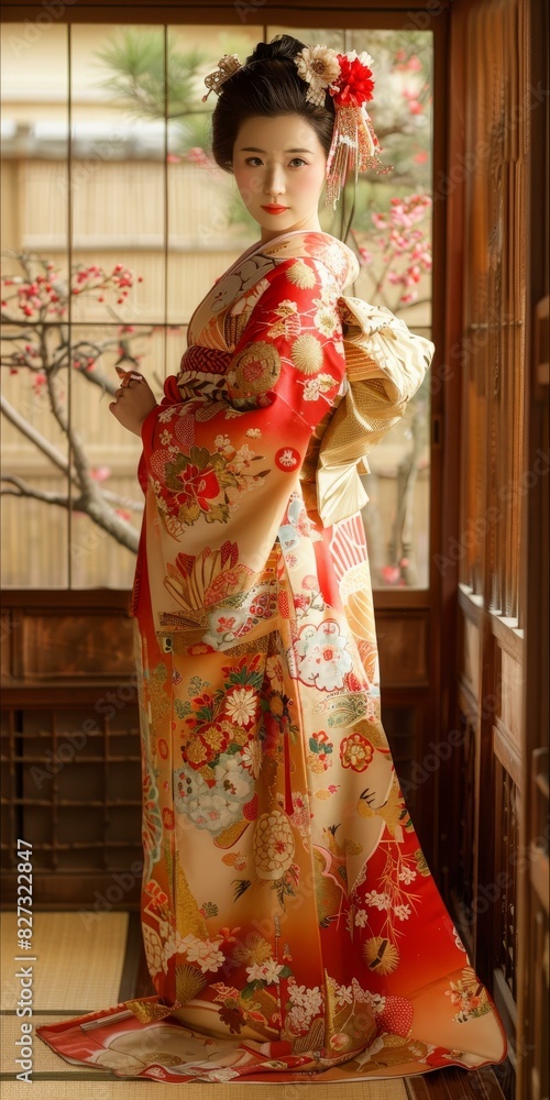 Obraz premium Japanese Woman in Traditional Kimono Dress