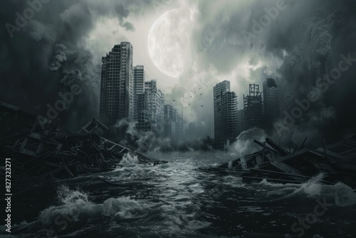 Apocalyptic cityscape with moonrise over dark, dramatic, and submerged city flooded by dystopian destruction, with ominous skyscrapers, water, and fantasy desolate ruined buildings photo