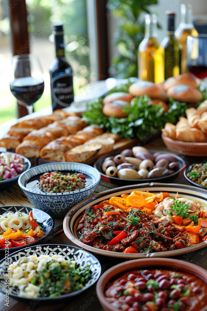 Assorted Mediterranean dishes on a table, colorful and appetizing