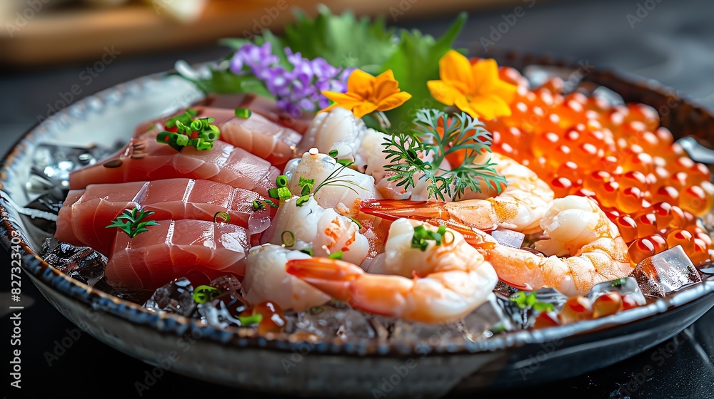 Assorted seafood platter with shrimp, squid, and roe on ice, garnished with herbs and flowers Assorted seafood platter with shrimp, squid, and roe on ice, garnished with herbs and flowers