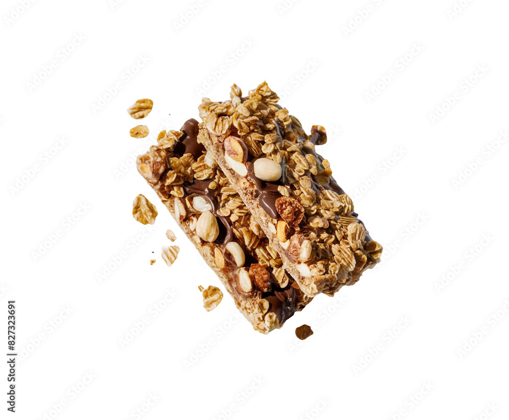 Obraz premium Healthy granola cereal bars with oats, nuts, and chocolate of stacked almond granola bars with loose almonds on transparent background Ai generative.