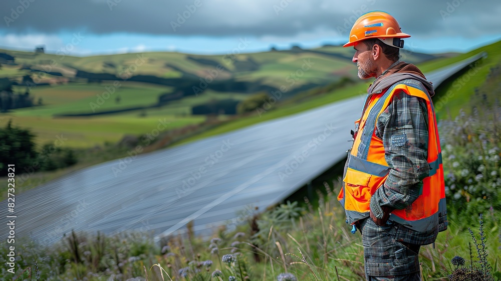 Obraz premium man working at the solar panel installation mature man wearing reflective clothing fills out the necessary paperwork working at solar farm