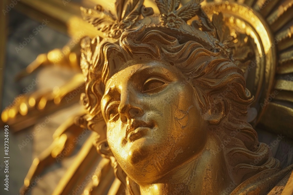 Closeup of a golden statue's face with intricate details, basked in warm sunlight