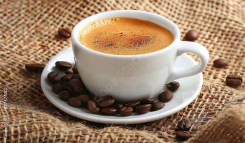 Freshly brewed coffee in a white cup surrounded by coffee beans