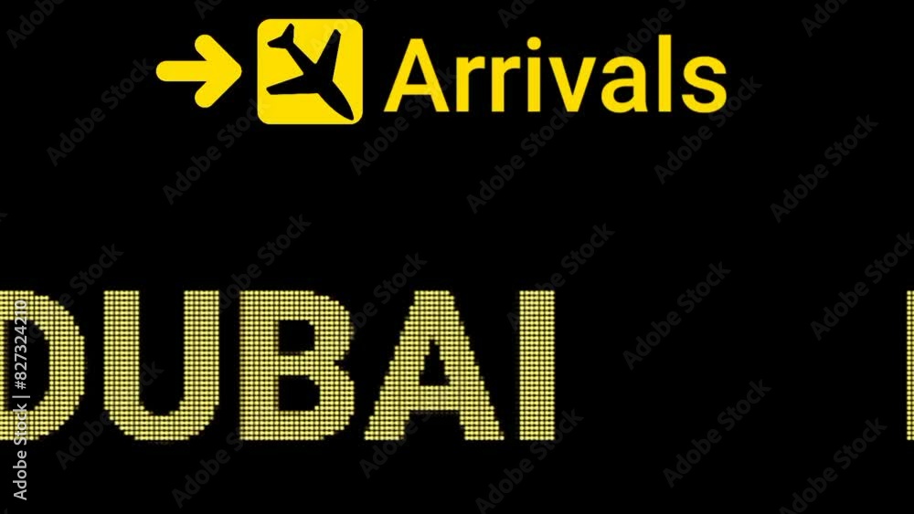 Sign board and animated moving Led Airport Sign Text for Arrivals city of DUBAI Sign board and animated moving Led Airport Sign Text for Arrivals city of DUBAI