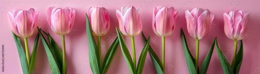 Pink tulips arranged on a pink background, minimalistic composition Pink tulips arranged on a pink background, minimalistic composition