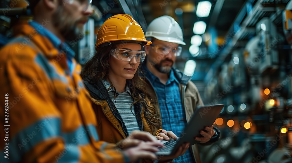 industrial engineers talk with factory worker while using laptop industrial engineers talk with factory worker while using laptop