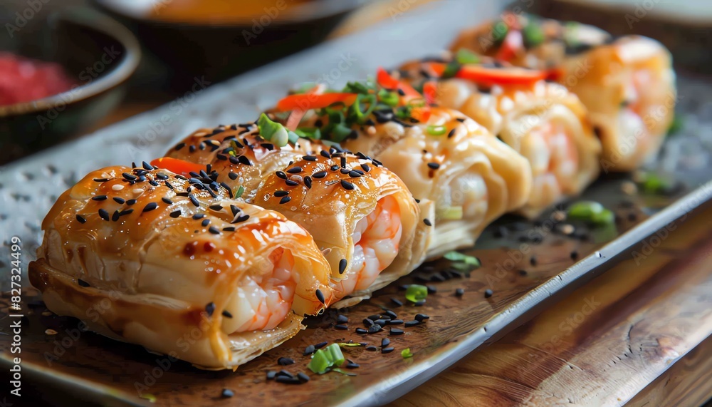 Puff pastry filled with shrimp and vegetables, topped with black sesame seeds Puff pastry filled with shrimp and vegetables, topped with black sesame seeds