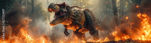 Roaring TRex charging through a fiery jungle Dramatic, intense, and prehistoric action photo