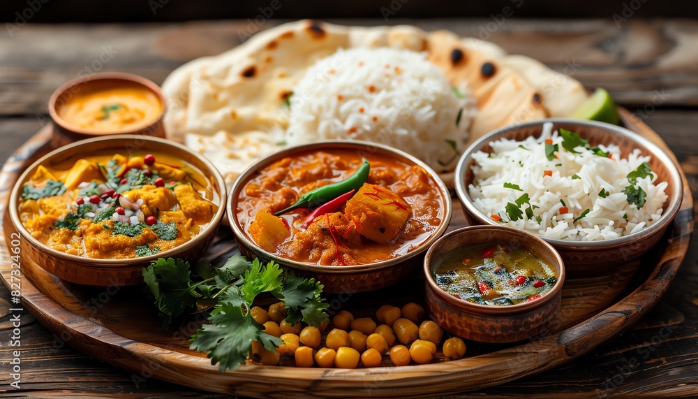 Traditional Indian thali with a variety of dishes, served on a wooden table