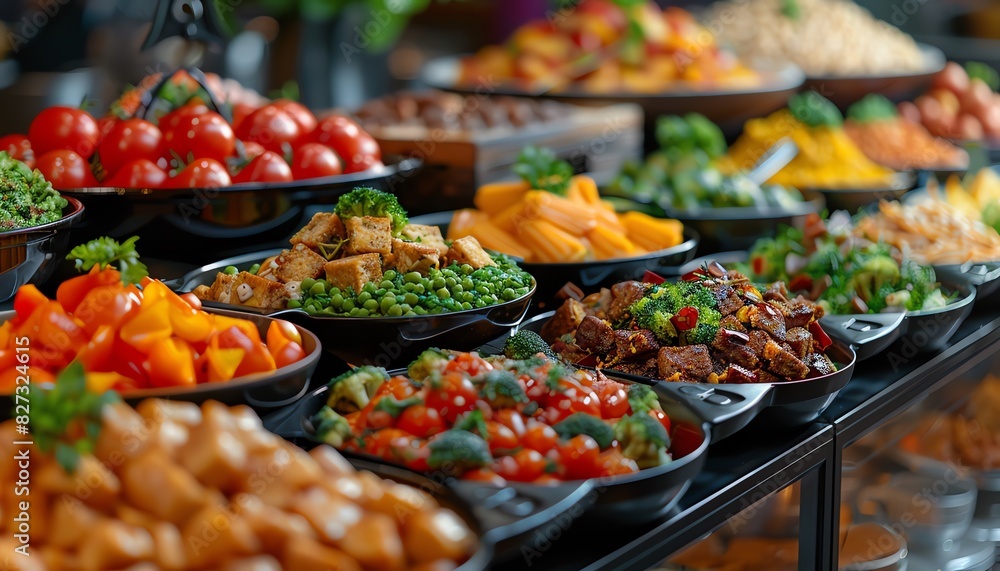Vibrant buffet with various dishes, colorful and appetizing