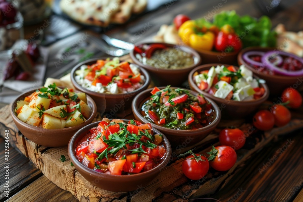 Vibrant selection of mediterranean starters served in small bowls on a rustic wooden board