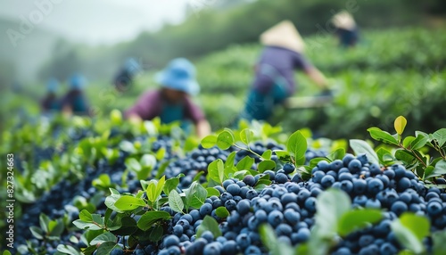 Workers picking fresh blueberries in a lush field Abundant, vibrant, and fruitful photo