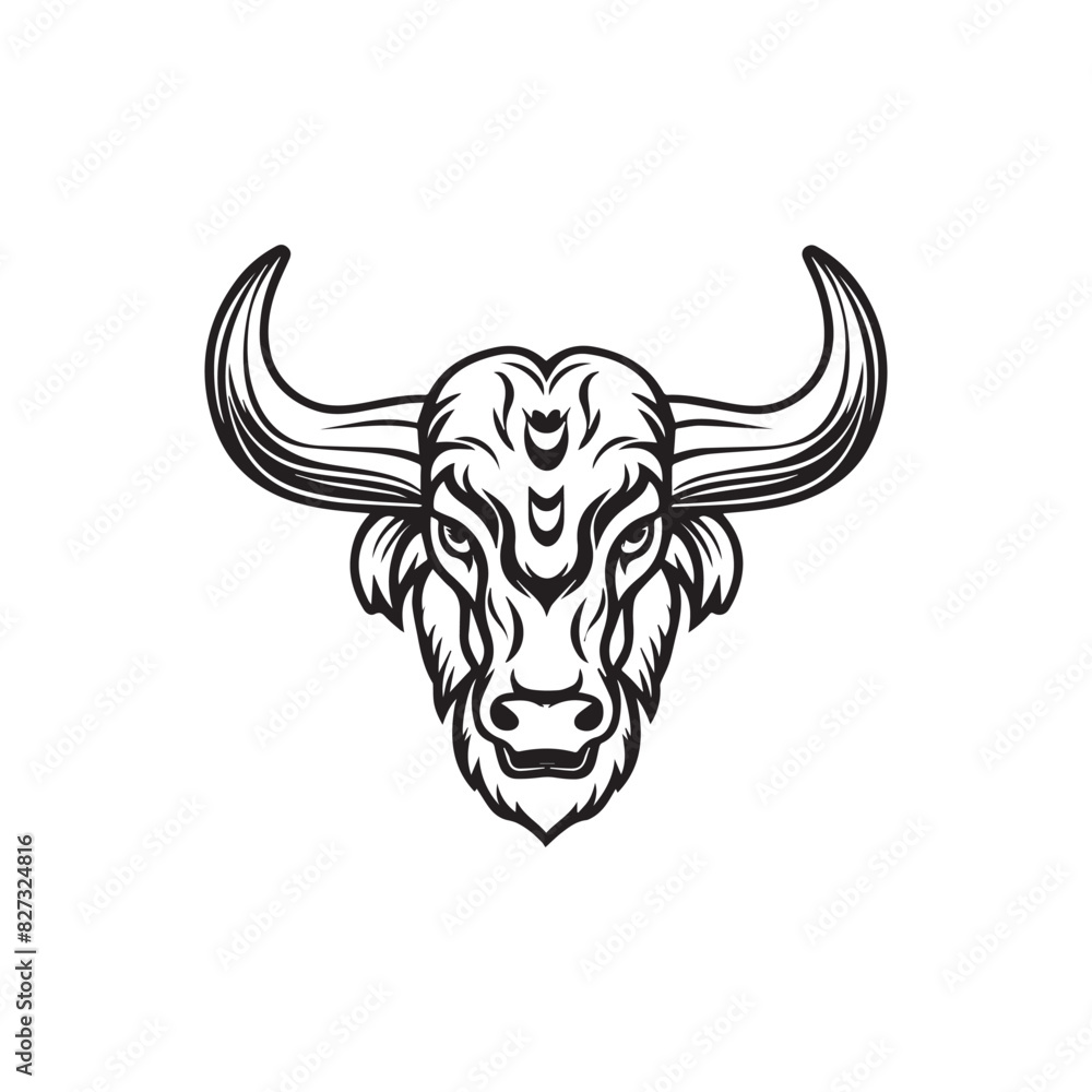 Buffalo head black and white illustration on white background. Buffalo head black and white illustration on white background.