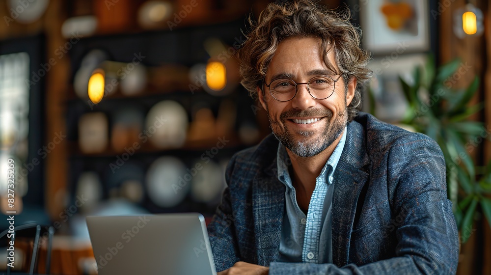 Obraz premium business successful businessman working with laptop using computer and smiling